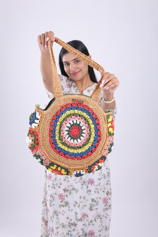 Raffia Round bag with Flower design